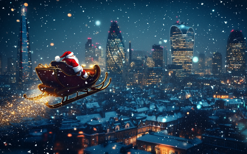Santa In Sleigh Over London